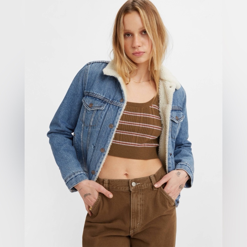 Levi's Original Cropped Sherpa Trucker Denim Jean Jacket Women's Large NWTs
